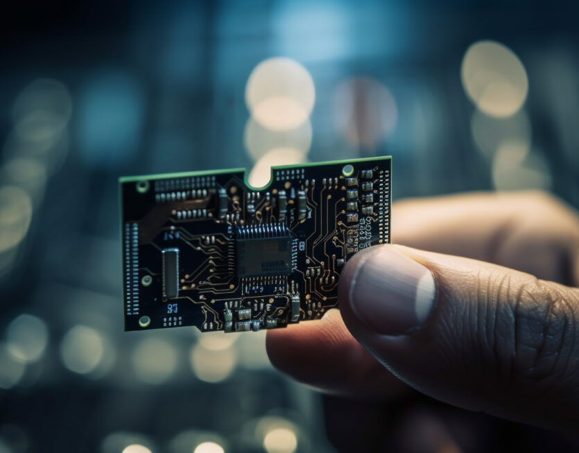 Futuristic human holding complex computer chip capacitor generated by AI